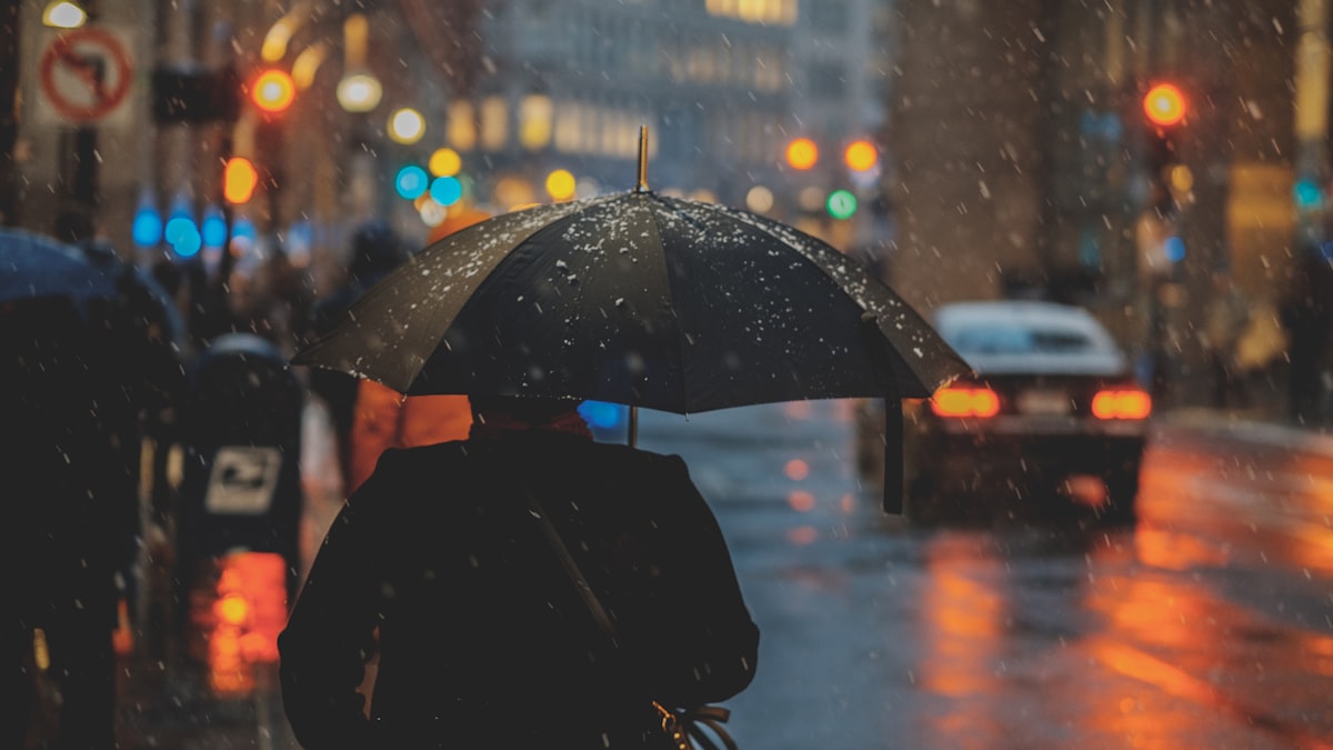 Person with an umbrella on a rainy shopping street