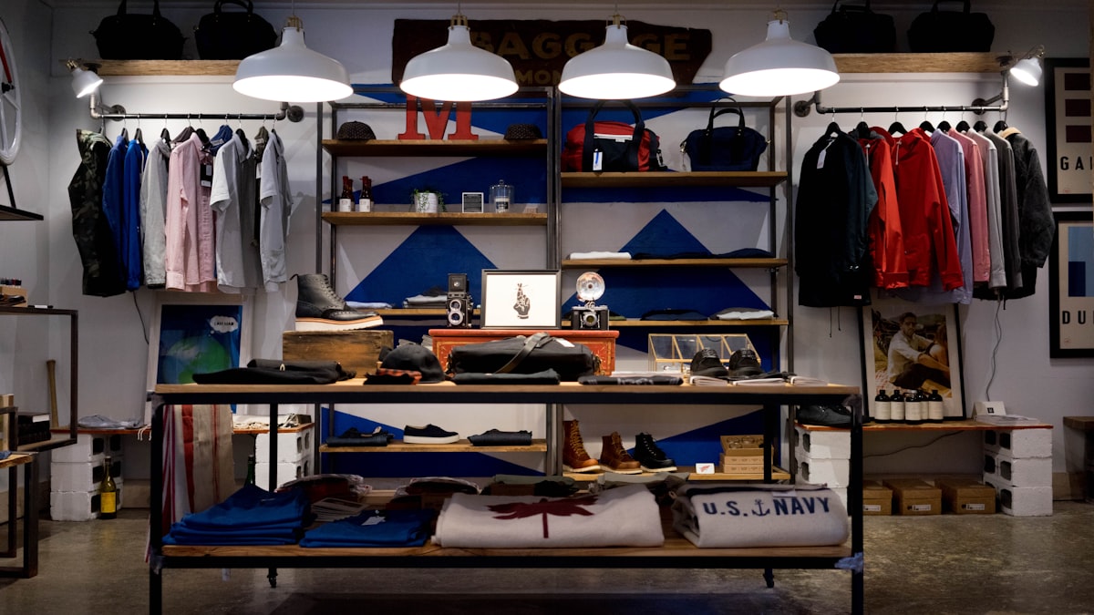 Shop interior lit by lamps in the evening
